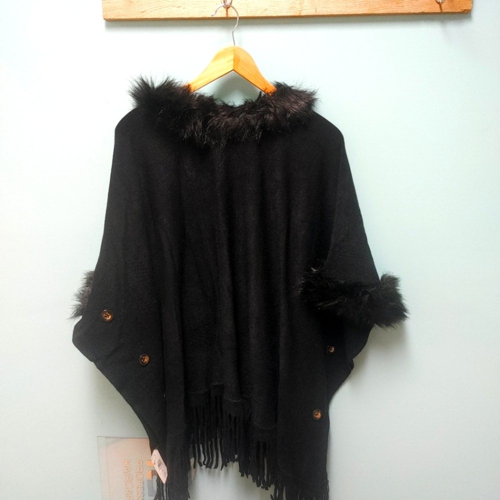 Poncho w / Faux Fur Trim